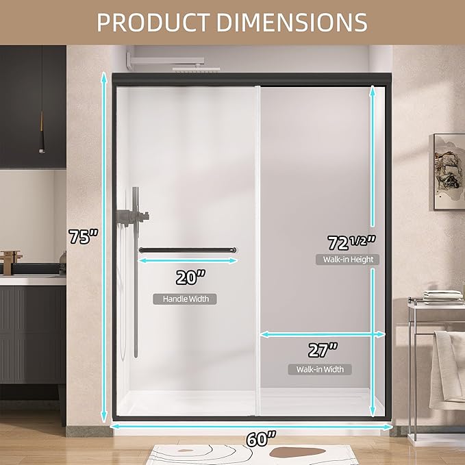 GETPRO Shower Door 56-60 in. W x 75 in. H Semi-Frameless Double Sliding Glass Shower Doors, Bypass Glass Door for Walk-in Shower with 5/16 inch Tempered Glass Matte Black