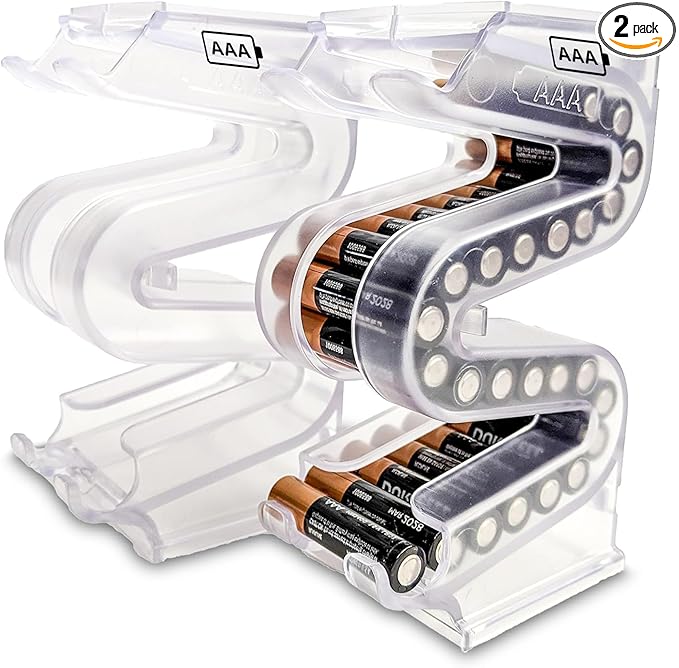 Battery Ladder Organizer Case for AAA Batteries - Stackable or Mounted Vertical Storage Battery Dispenser for Home, Garage, & Workshop (2-Pack, Holds 56 AAA Batteries Total)