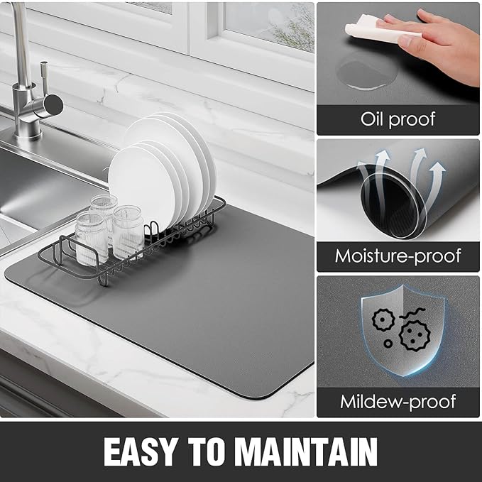 Dish Drying Mat for Kitchen Counter Super Absorbent Drainer Mats with Non-slip Rubber Backed Hide Stain Heat Resistant Easy to Clean Dish Rack Mat (Gray, XL-31.5"x17")