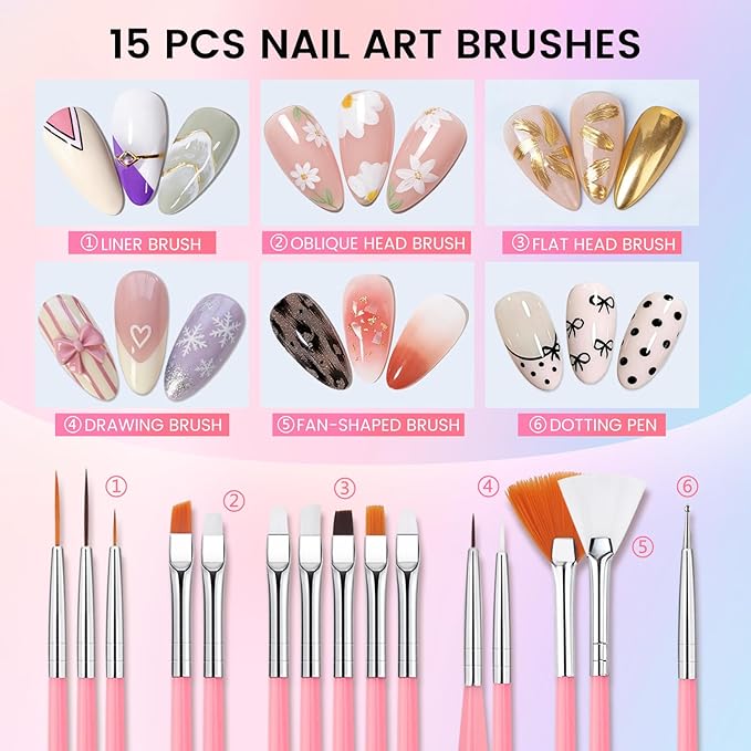 Nail Art Brushes Set: Nail Art Tools with 15Pcs Nail Design Brushes, 5Pcs Dotting Tools, 5Pcs Silicone & Sculpting Brushes, Resin Palette, Brush Holder, Nail File for Painting Nails