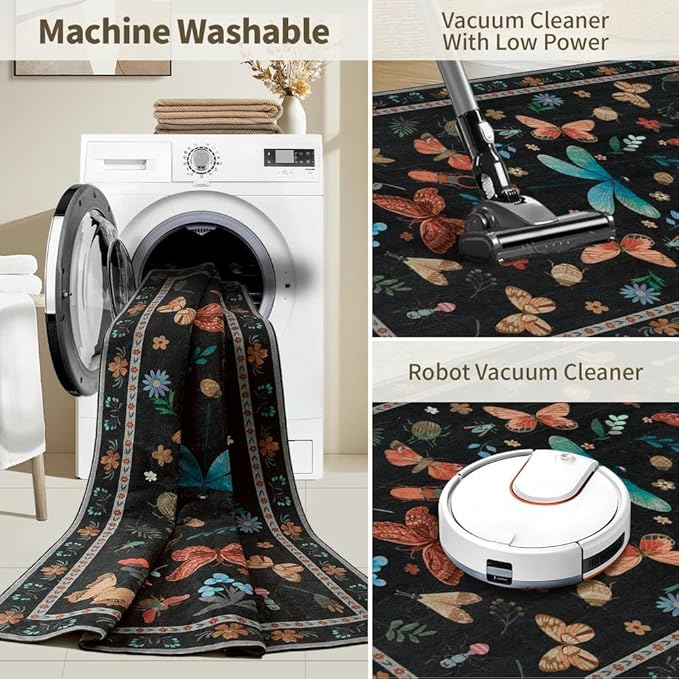 5x7 Washable Area Rugs for Bedroom & Living Room - Insect Floral Boho Vintage Rug,Soft & Non-Slip,Low Pile Wool Carpet for Indoor Dining Room,Girls Room,Nursery Room and Kids Room(Black)