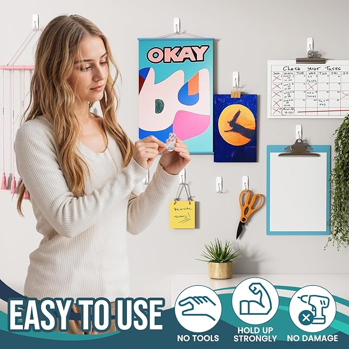 TAILI Hooks for Hanging,10 Small Sticky Hooks and 12 Adhesive Strips, White Utility Hooks for Wall, No Damage Heavy Duty Holds up to 1.1 lb, Removable & Reusable for Door, Dorm, Kitchen, Decorations