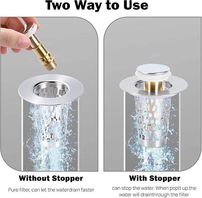 2Pcs 3-in-1 Bathroom Sink Stopper Hair Catcher for 1.15-1.6 in, Universal Stainless Steel Drain Strainer, Pop-Up Bathroom Sink Stopper with Basket