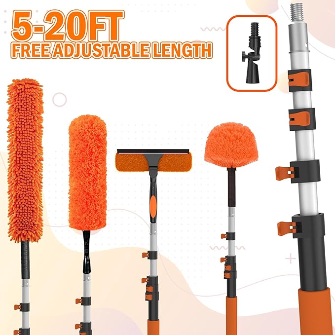 26FT High Reach Duster Cleaning Kit with Extension Pole, High Ceiling Fan Cleaner Duster Tool for Fan Blades, Window Washing Kit with Microfiber Feather Duster & Window Squeegee & Bucket