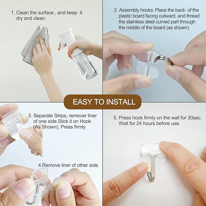 25 Small Wall Hooks for Hanging, with 30 Removable Strips, Clear Hanger Hooks, Damage-Free Utility Hooks with Adhesive Strips, Wire Toggle Wall Hook for Key, Hat, Decor, Door, Clear, Value Pack