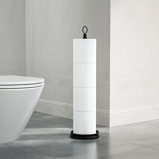 Heavy Weighted Toilet Paper Holder (with Reserve Function) Free Standing, Spare Toilet Paper Roll Storage Stand for Bathroom Total Height 22.5" ，Matte Black