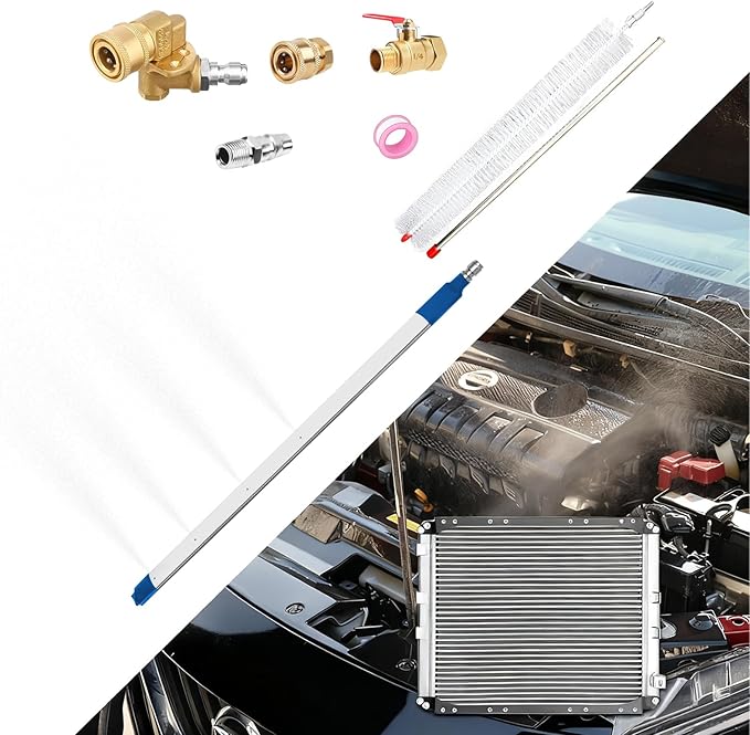24″Radiator Cleaning Wand, Water/Air 4500PSI Pressure Washer Tool with Pressure Washer Gun Adapter, Clean Brush and Sealing Tape, Tips for Cars, Trucks, Heavy Equipment Radiator Cleaning Tool