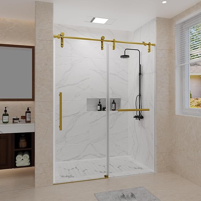 56-60" W x 76" H Frameless Shower Door,Sliding Shower Door with 5/16"(8mm) Clear SGCC Tempered Glass,Glass Shower Door w/Seal Strip Parts and Handle,Stainless Steel Hardware,Gold