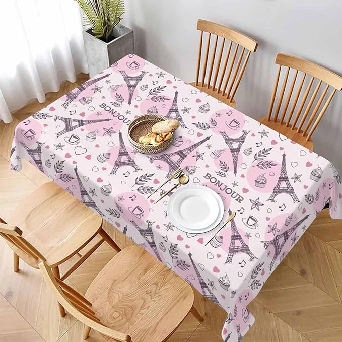 Paris Eiffel Tower Table Cover 52x70 Love Heart Coffee Cake Pink Table Cloth Rectangle Table for Banquet Party Decorative Outdoor Picnic Dining Kitchen Table Cover