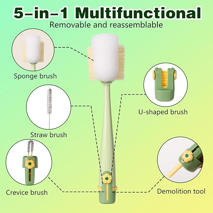 5 in 1 Bottle Cleaning Brush Set,2026 New Multifunctional Water Bottles Cleaner Brushs,Portable Long Handle Bottles Scrubber for Cup Lids,Hard Bristle Sponge Head Bottle Brushes (Green and White)