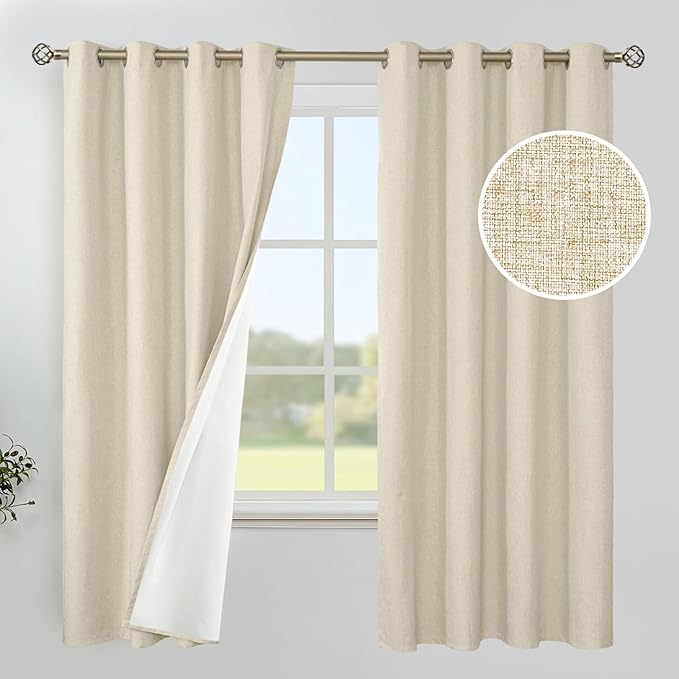 YoungsTex Natural Linen Blackout Curtains 63 Inch Length for Bedroom, Thermal Insulated Drapes with Grommet Room Darkening for Living Room Window Energy Saving, 2 Panels, 52 X 63 Inch