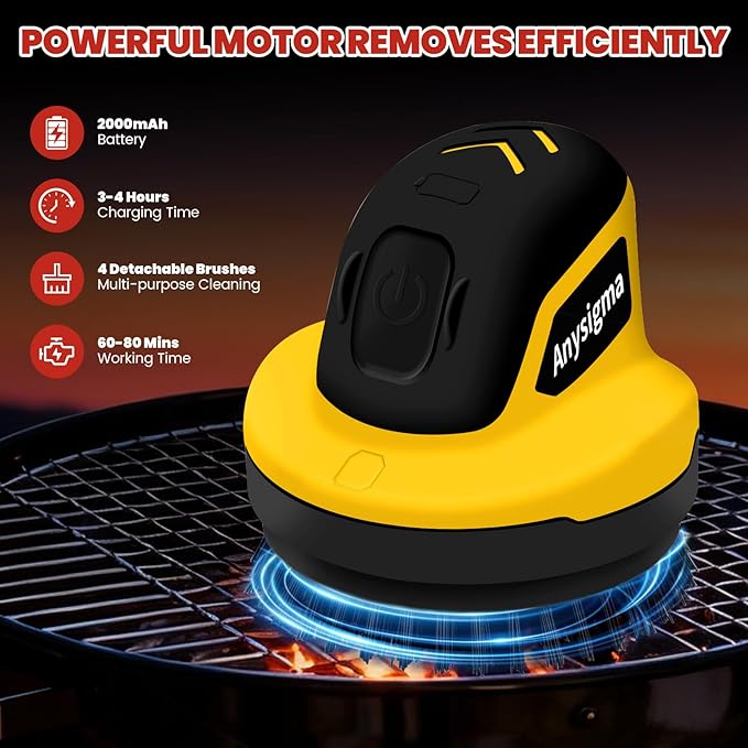 Electric Grill Brush- Waterproof Cordless Rotary Cleaning Brush with 4 Heads for Outdorr Grill,Car,Bathroom