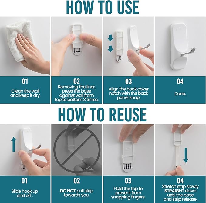 TAILI Hooks for Hanging,6 Wire Sticky Hooks and 8 Adhesive Strips, White Utility Hooks for Painted Wall, No Damage Heavy Duty Holds up to 3 lb, Removable & Reusable for Door, Dorm, Clothes, Kitchen