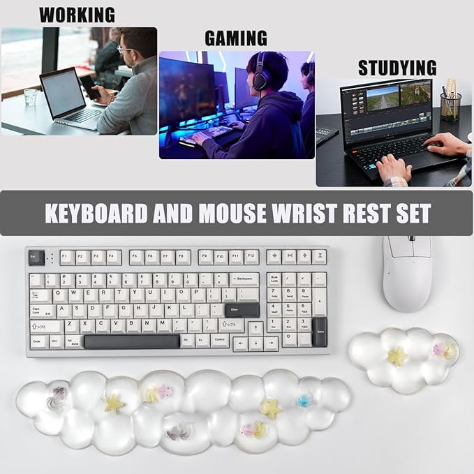 Gel Keyboard and Mouse Wrist Rest Set – Cute Clear Cloud Wrist Rest for Computer Keyboard 60%/68%/75%, Comfort & Support for Typing and Gaming