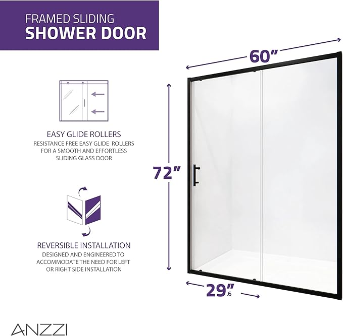 ANZZI 72 x 60 inch Framed Shower Door in Matte Black | Halberd Water Repellent Glass Shower Door with Seal Strip Parts | Easy Glide Rollers Sliding Shower Door | SD-AZ052-02MB