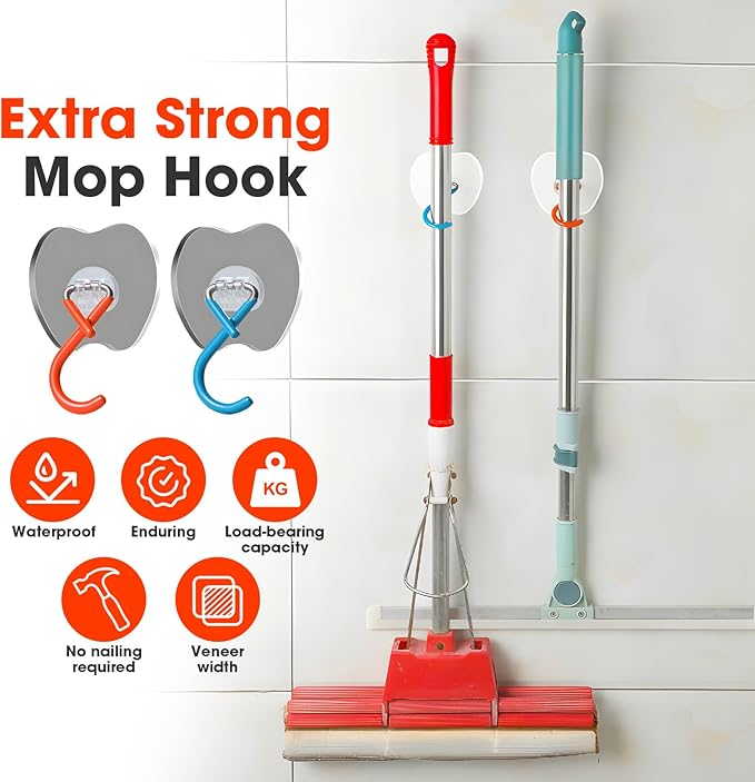 No Drill Large Adhesive Wall Hooks,Broom Holder for Wall,Heavy Duty Mop Hooks with Extra Adhesive Pad,75LB Load Capacity,3.35x2.95in Adhesive Pad for Garage Kitchen Bathroom Organization (2, Orange)