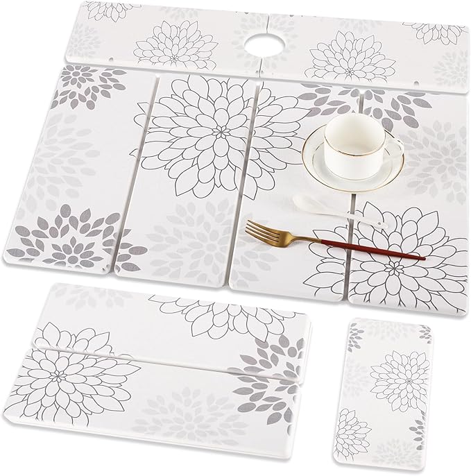 3 PCS Large Stone Dish Drying Mat for Kitchen Counter, Quick Dry Stone Dishes Mats Cup Coasters, Sink Faucet Mat, Water Absorbing Diatomaceous Earth Drying Pad for Countertop Tableware, Bottles