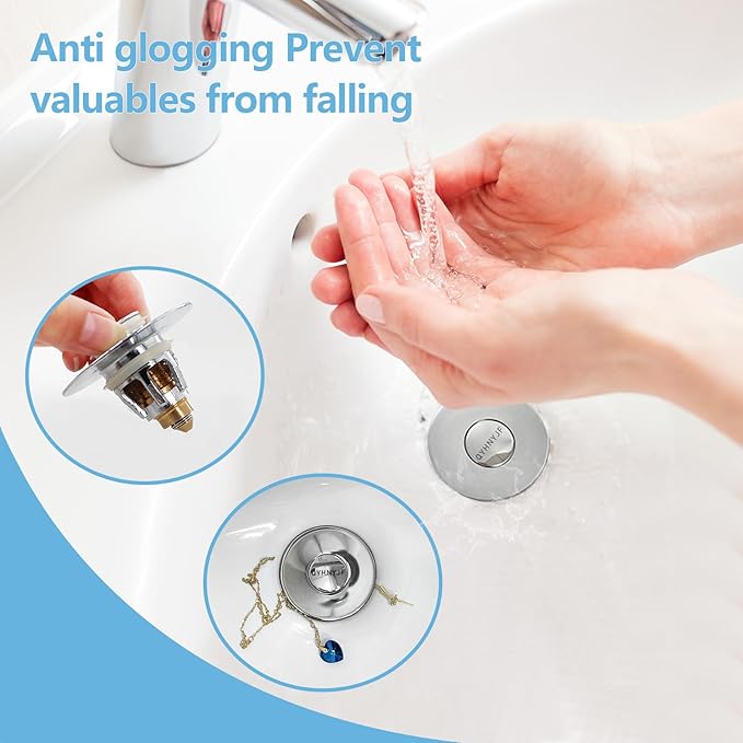 Bathroom Sink Stopper with Hair Catcher – Universal Pop-Up Drain Strainer for 1.1–1.5 inch US Standard Sink Drain Holes, Includes 3 Sets of Silicone Gaskets