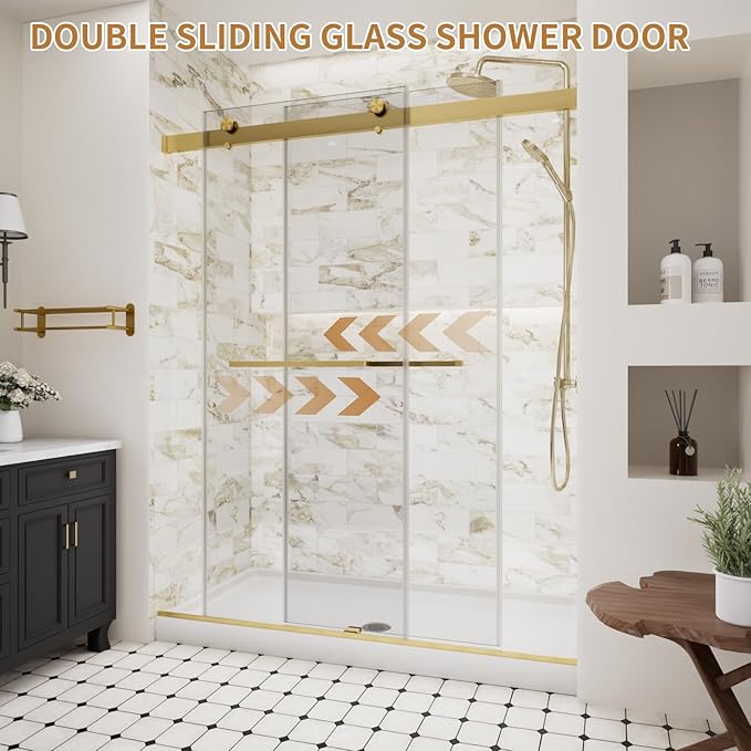 Frameless Shower Door,56-60" W x 74" H Double Sliding Glass Shower Door with 5/16" (8mm) SGCC Thick Tempered Clear Glass Shower Door,Soft Close System&Explosion-Proof Film Nano Coating,Brushed Gold