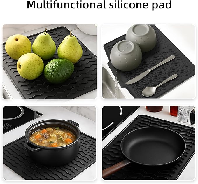 Dish drying mats for kitchen counter, Silicone dish drying mat ,Heat resistant mats for countertop,With drain port ,Stone drying mat for kitchen counter (15.6" x 13", black)