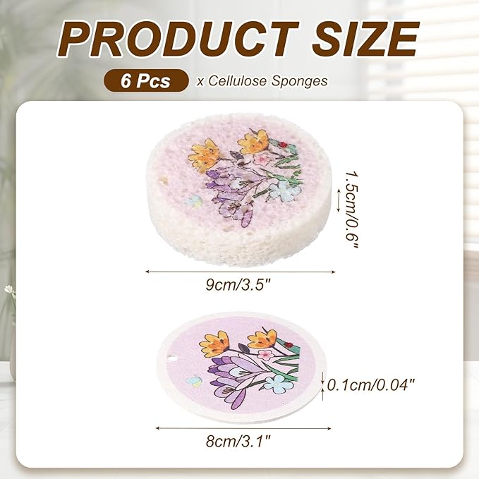 uxcell 6Pcs Cellulose Sponges, Round Kitchen Clean Sponges Non-Scratch Compressed Dish Scrubber with Floral Pattern for Kitchen Household Cookware Bathroom Cleaning & DIY, Purple