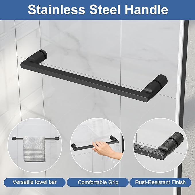 Semi Frameless Pivot Shower Door 36-42" W x 72" H, Swing Shower Glass Doors with Nano Explosion-Proof Film Tempered Glass 1/4"(6mm) Reversible Installtion, Matte Black Finish