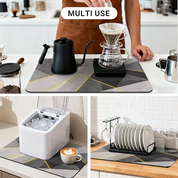 Coffee Splash Mat, 24 x 16 Inch, Geometric Bar Mat, Absorbent Hide Stain Rubber Backed Dish Drying Mat for Kitchen Counter, Mats for Countertops, Under Coffee Bar Maker Machine Pot Espresso Machine