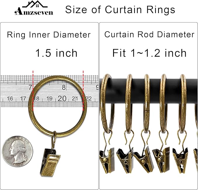 40 Pack Metal Curtain Rings with Clips, Drapery Clips Hooks, Decorative Curtain Rod Clips 1.5 in Interior Diameter, Antique Bronze