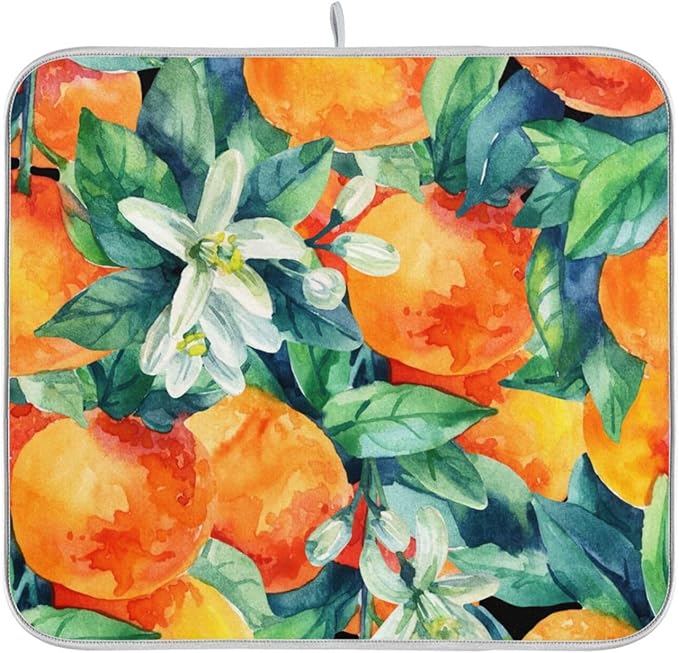 Tarity Watercolor Orange Dish Drying Mat for Kitchen Counter Absorbent Heat Resistant Microfiber Dishes Drainer Mat 18x24 in Large Dish Pad Sink Mat Protective Pad Kitchen Decor