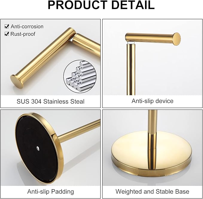 BGL Toilet Paper Holder Standing On Floor Polished Gold, Tissue Holder On Floor with Reserve Storage Paper Rolls, Free-Standing Roll Paper Holder