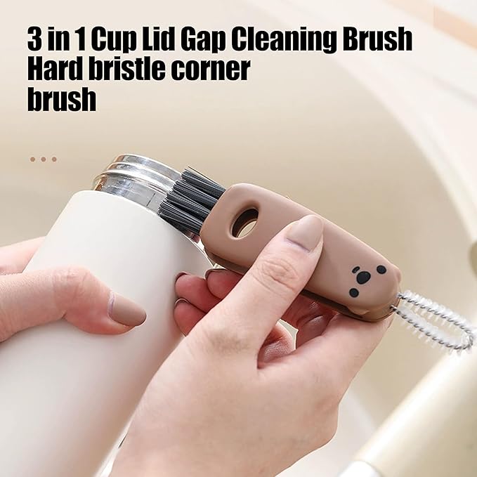 3 in 1 Cup Lid Gap Cleaning Brush Multifunctional Bottle Cleaning Brush for Water Bottle Cup Lid Gap for Gaps of Various Containers (Brown White（Bear）)