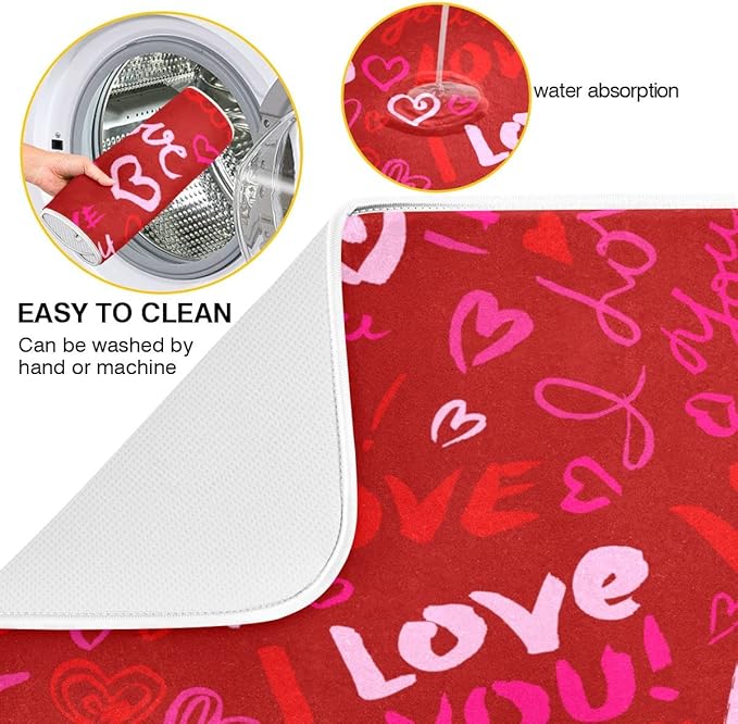Happy Valentine's Day Dish Drying Mat for Kitchen Red Pink Heart Love Words Microfiber Drying Mats Absorbent Reversible Dish Pad Large Dish Draining Mat 18x24 inch