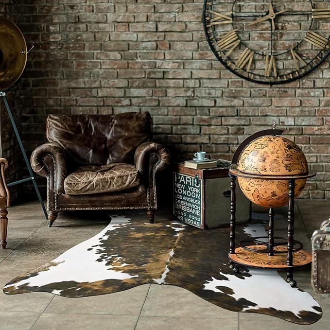 Amearea Faux Cow Hide Rug Large 6.2x5.2 Feet, Premium Western Home Decor Cow Print Rugs for Living Room, Faux Leather Animal Cowhide Bedroom Carpet, Dining Traditional Cow Pattern Stuff Carpets, Brown
