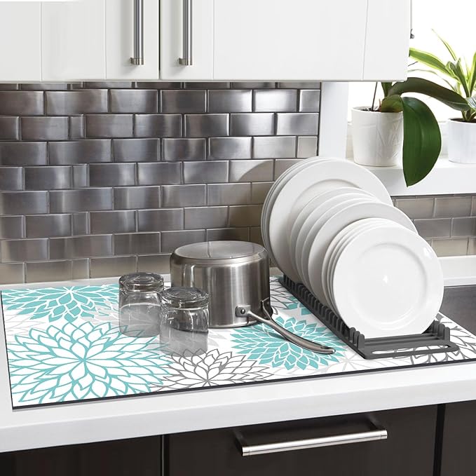 Findosom 2PCS 16" x 24" Dish Drying Mat & 24" x 5.5" Sink Splash Guard, Super Absorbent & Cuttable Dish Mat Drying Kitchen Mat with Teal Floral, Hide Stain Drying Mat for Kitchen Counter
