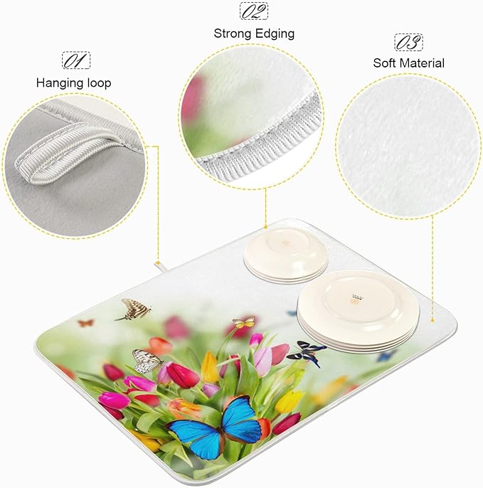 Tarity Colorful Tulip Butterfly Dish Drying Mat for Kitchen Counter Absorbent Heat Resistant Microfiber Dishes Drainer Mat 16x18 in Dish Pad Sink Mat Protective Pad Kitchen Decor