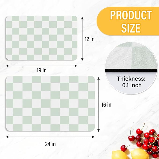 Checkered Dish Drying Mat （Green，24" x 16"） for Kitchen Counter Coffee Mat Bar Accessories,Fit Uder Pot, Dish Rack,Hide Stain,Absorbent Easy Clean