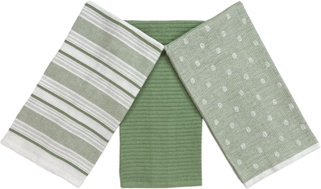 Sage Green White Kitchen Hand Dish Towels: Oversized 28" x 16",100% Cotton Cloth Soft Cleaning Drying Absorbent Striped Solid Polka Dot Design, Set of 3 Multipurpose for Everyday Use (Green Austin)