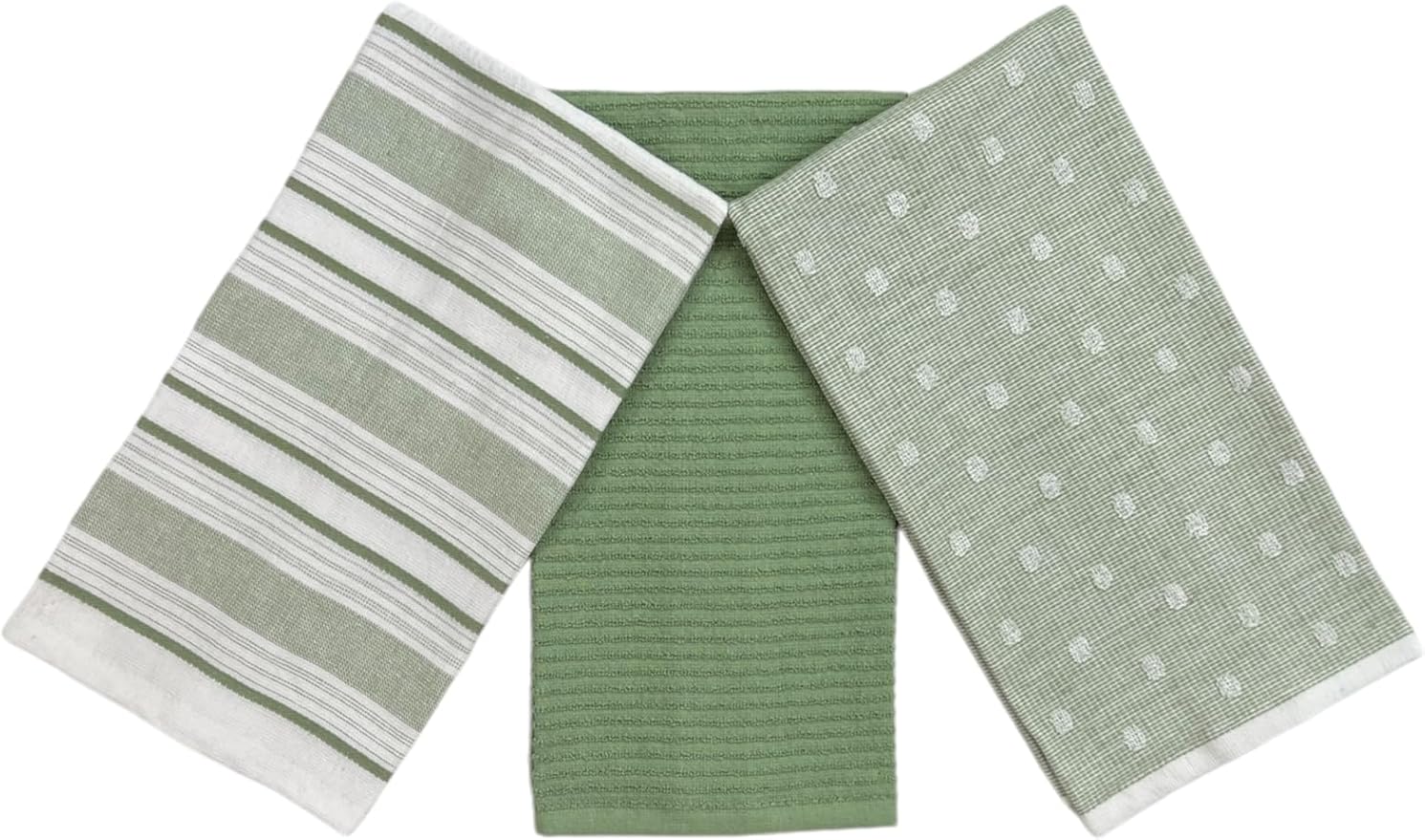 Sage Green White Kitchen Hand Dish Towels: Oversized 28" x 16",100% Cotton Cloth Soft Cleaning Drying Absorbent Striped Solid Polka Dot Design, Set of 3 Multipurpose for Everyday Use (Green Austin)