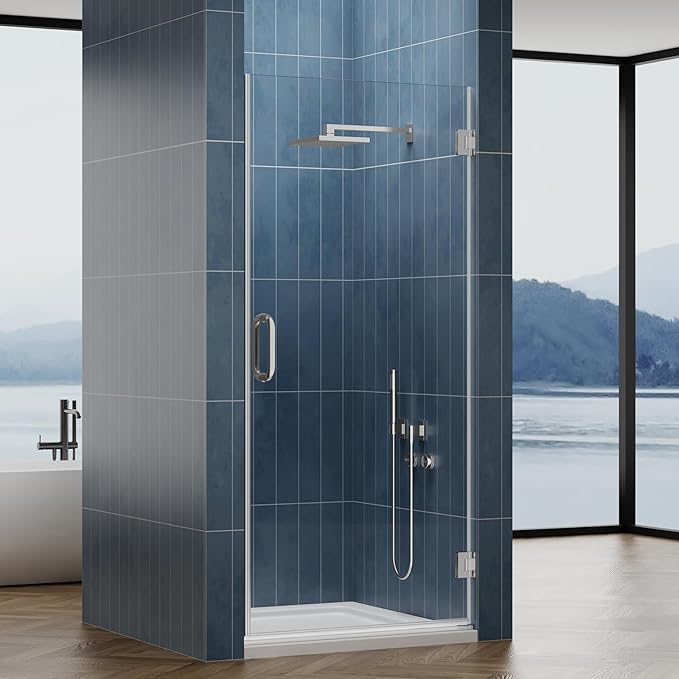 Framelss Hinged Shower Door, 36"W x 76"H Single Swing Pivot Shower Door, 3/8" (10mm) Tempered Glass with Nano Coating, Stainless Steel Handle, Glass Door for Walk-in Shower - Brushed Nickel