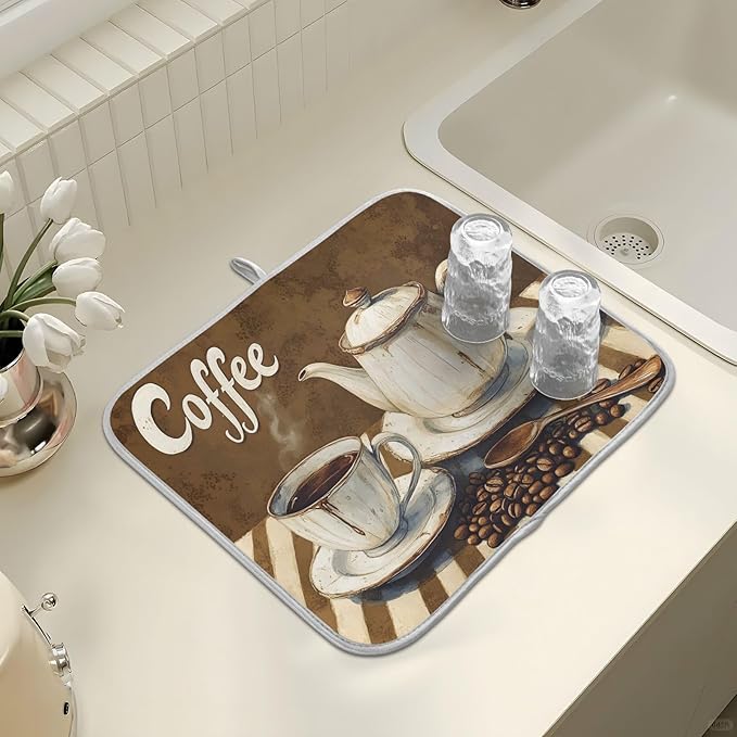 Coffee Themed Dish Drying Mat for Kitchen Counter Absorbent Microfiber Large Drying Pad Dish mats for Kitchen Countertops 18 x 24 Inch243