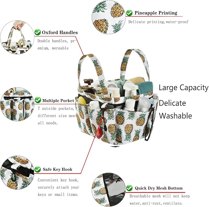 Haundry Portable Mesh Shower Caddy Bag, Large Basket Organizer with Key Hook for College Dorm Bathroom Camp Gym, Hanging Tote Bag with 8 Pockets (Pineapple)
