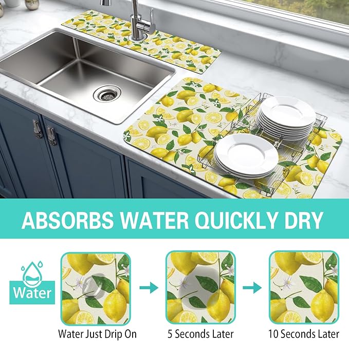 Dish Drying Mat for Kitchen Counter Matt, 2PCS 19"x12" Dish Drainer Mat & 24"x5.5" Sink Splash Guard, Super Absorbent Non-slip Rubber Backed