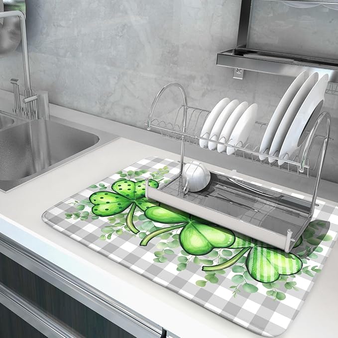 St Patricks Day Dish Drying Mat for Kitchen Counter Shamrocks Eucalyptus Leaf Holiday Microfiber Absorbent Dish Draining Reusable Washable Foldable Extra Large 18"x24"