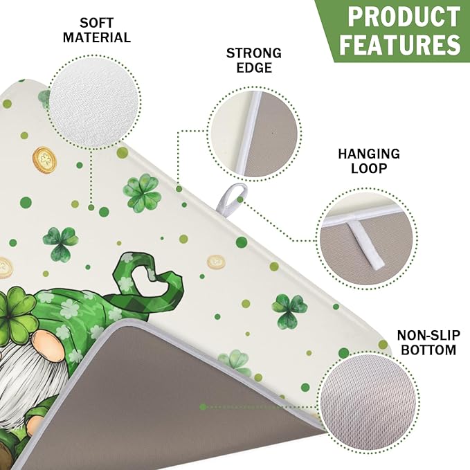 St Patrick's Day Gnome Dish Drying Mat for Kitchen Counter,Inch Lucky Shamrock Gold Coin Drying Mat 16 x 18 Inch with Absorbent Reversible Microfiber Dish Drying Pad for Coffee Bar