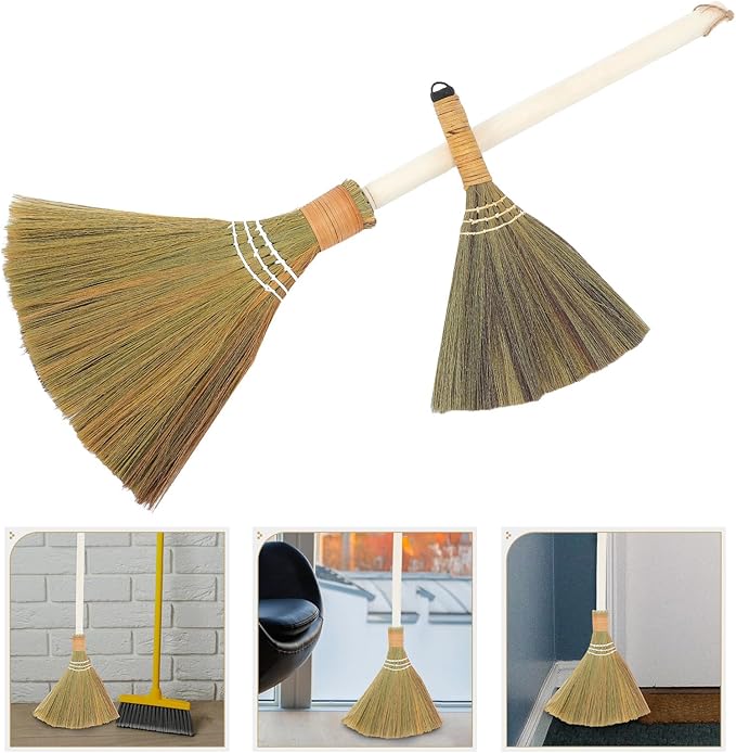 2pcs Handwoven Soft Bristle Indoor Brooms with Detachable Handle, Lightweight 74cm Grass Cleaning Brush Set for Household Dust Sweeping