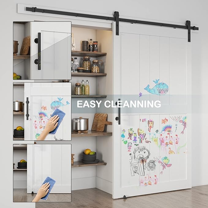 48''x 80'' Sliding Barn Door with 8 Ft Barn Door Hardware Kit& Handle& Floor Guides,Pre-Drilled Holes Easy Assembly - Include Installation Manual, Water-Proof PVC Surface, H-Frame, White
