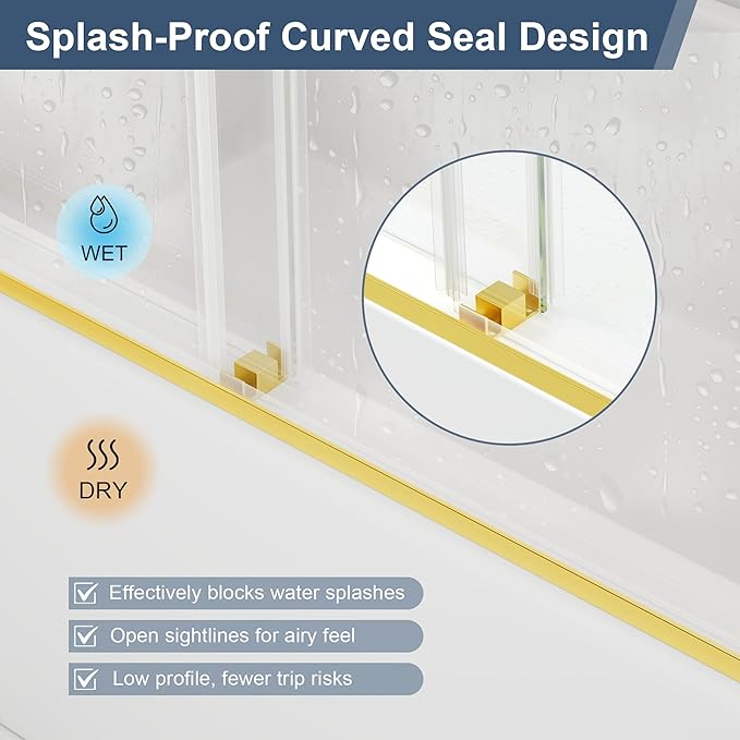 Frameless Bathtub Shower Door, 55-60" W x 60" H Double Sliding Tub Shower Door, 1/4''(6mm) SGCC Tempered Glass with Explosion-Proof Film Nano Coating, Brushed Gold