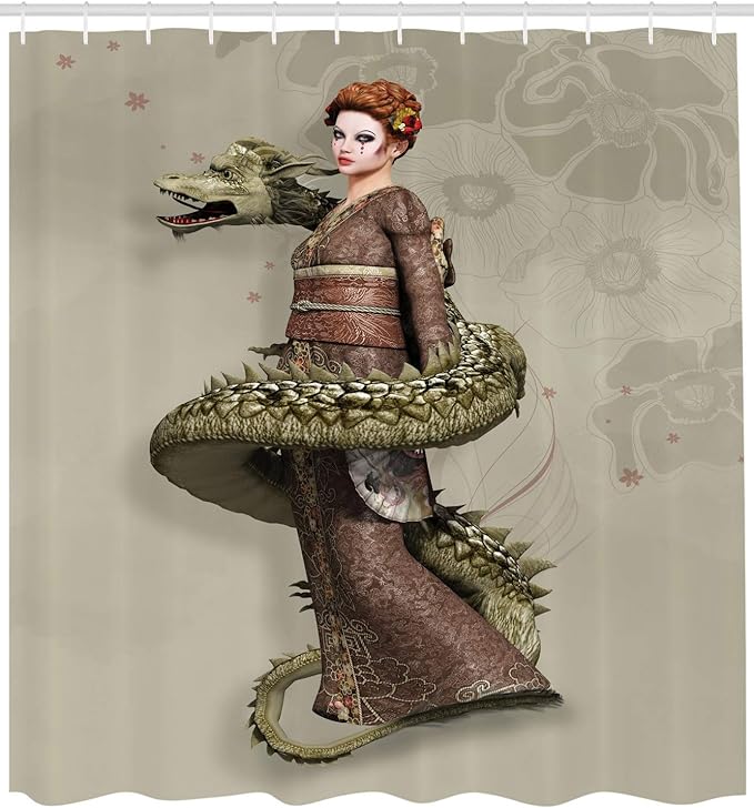 Ambesonne Fantasy Shower Curtain, Westernly Geisha with Cry Make-Up Wrapped by Spiralling Dragon, Cloth Fabric Bathroom Decor Set with Hooks, 69" W x 84" L, Eggshell Green
