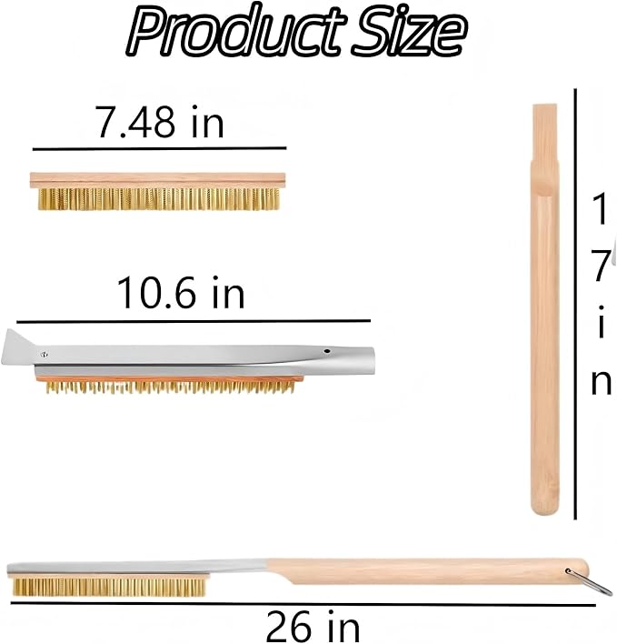 Thornfield 26” Pizza Oven Brush with Scraper - Heat Resistant Brass Bristles, Extra Long Handle - Compatible with Ooni Ovens, Outdoor Ovens, BBQ Tools, Baking Stones and Griddles- Includes Spare Head