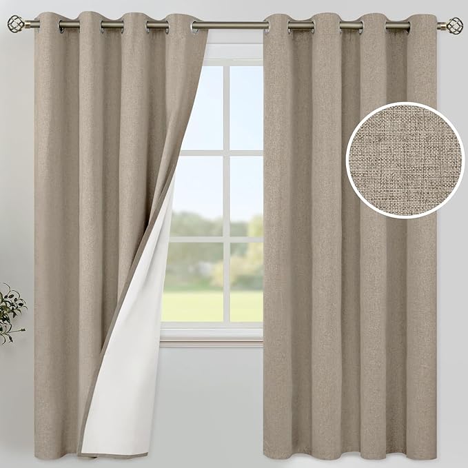 YoungsTex Taupe Linen 100% Blackout Curtains 72 Inches Long for Bedroom, Thermal Insulated Drapes with Grommet Room Darkening for Living Room Farmhouse, 2 Panels, 52 X 72 Inch